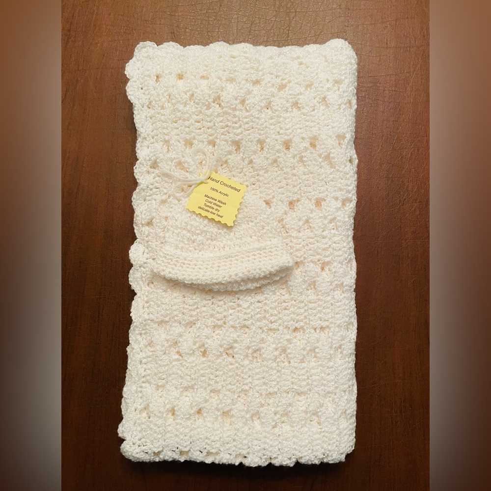 Crochet Baby Blanket with Matching Hat - White